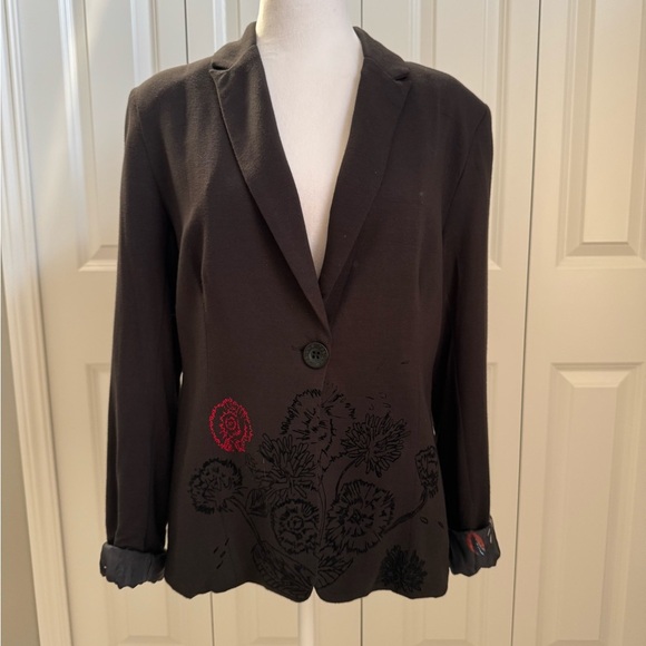 Desigual Black Blazer with Red Floral Embroidery - Picture 1 of 12